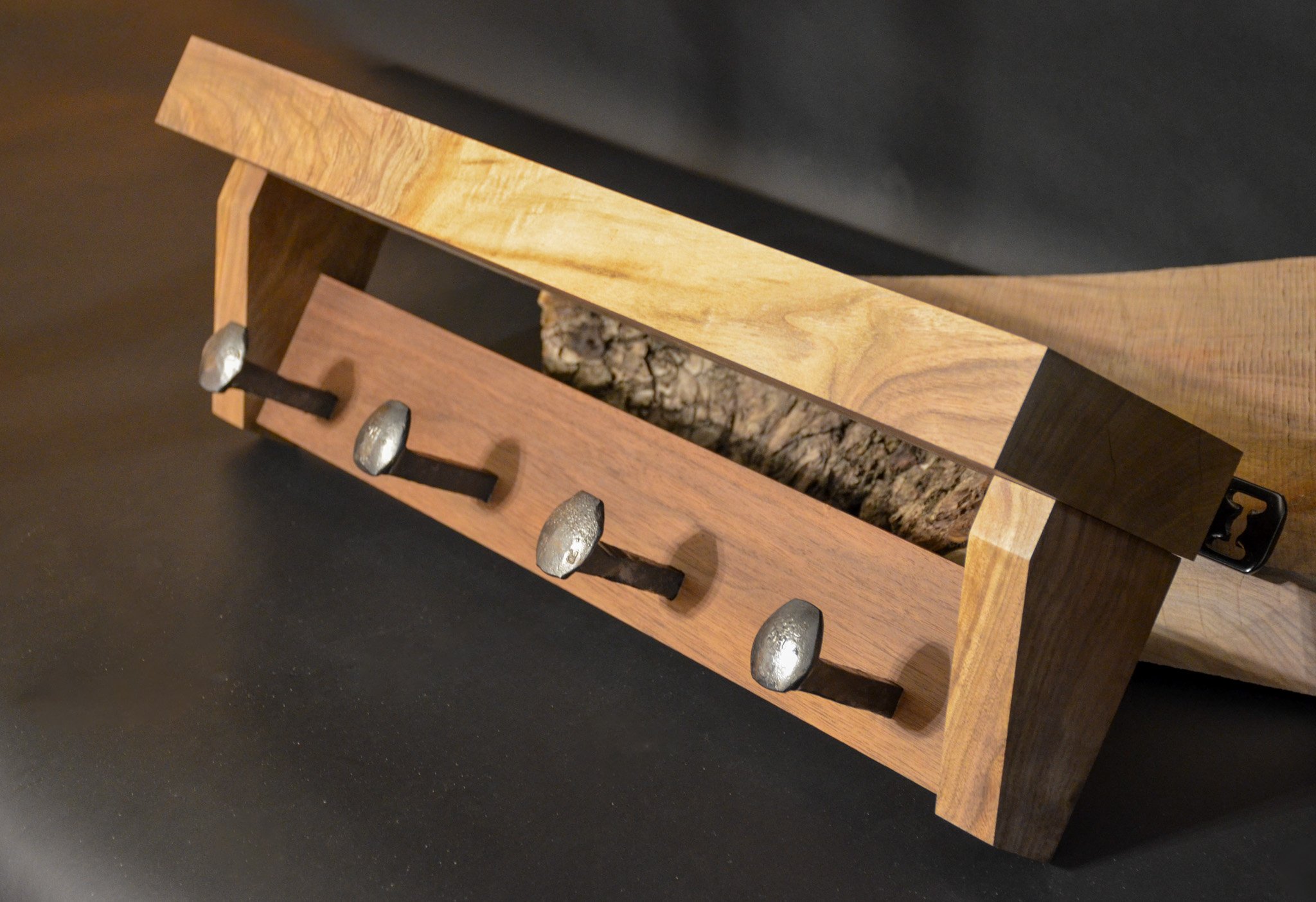 Walnut Entryway Shelf with Rail-tie Hooks