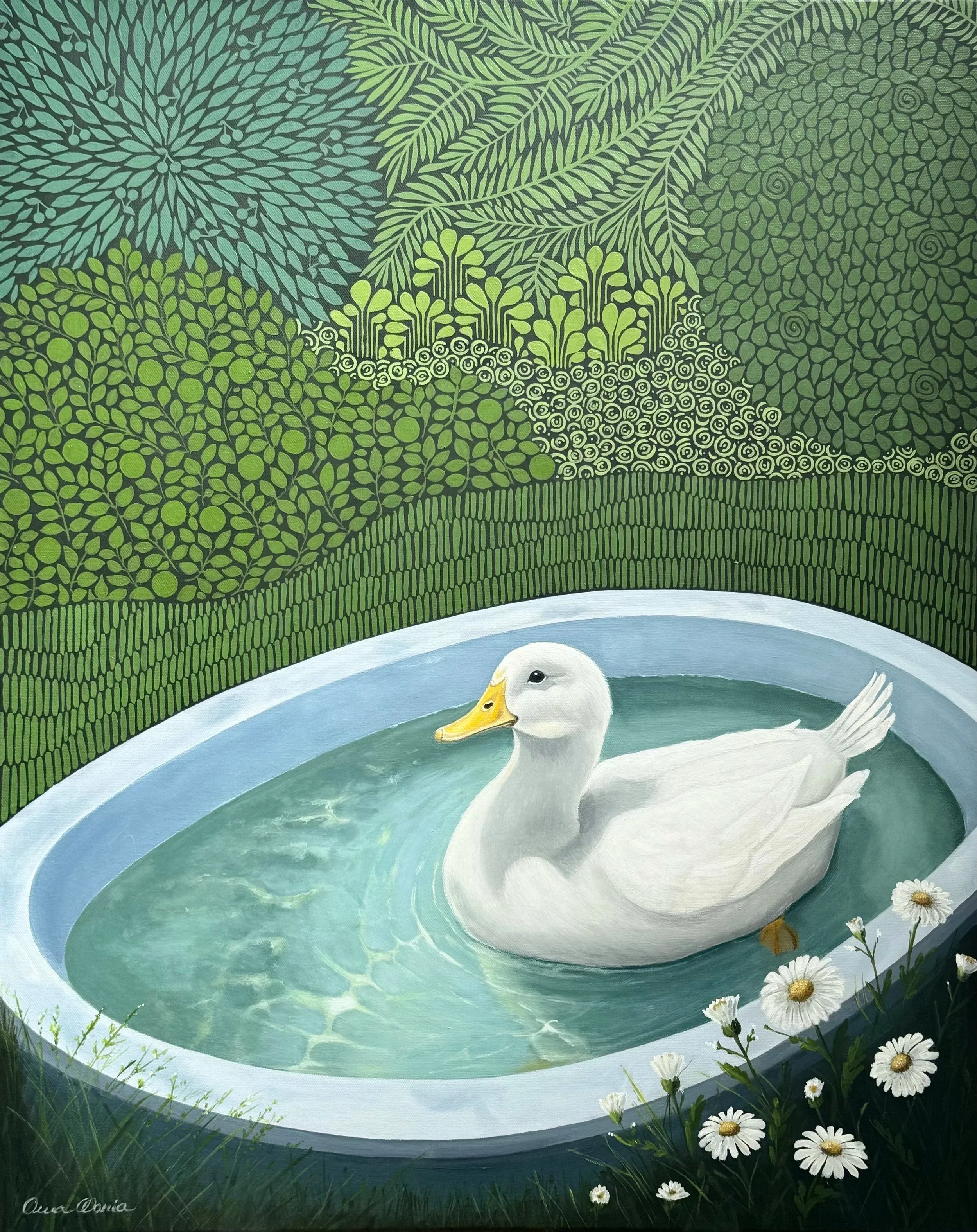 The Summer We Shared, oil painting of a white Pekin duck floating in a child’s tub surrounded by daisies against a patterned green garden background.