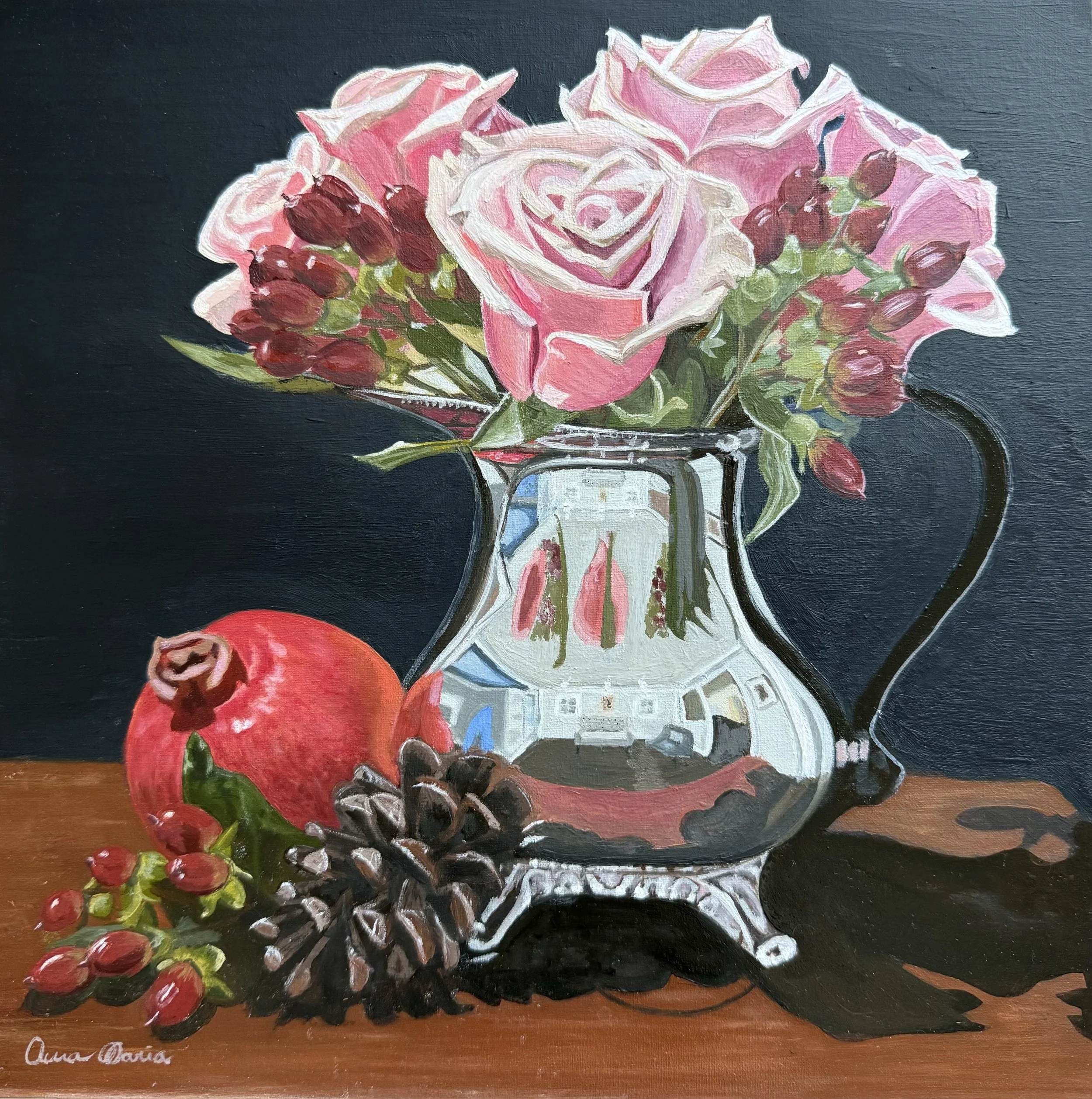 Roses in a Silver Pitcher, still life oil painting of blush roses arranged in a reflective silver pitcher with a pomegranate and pine cone.
