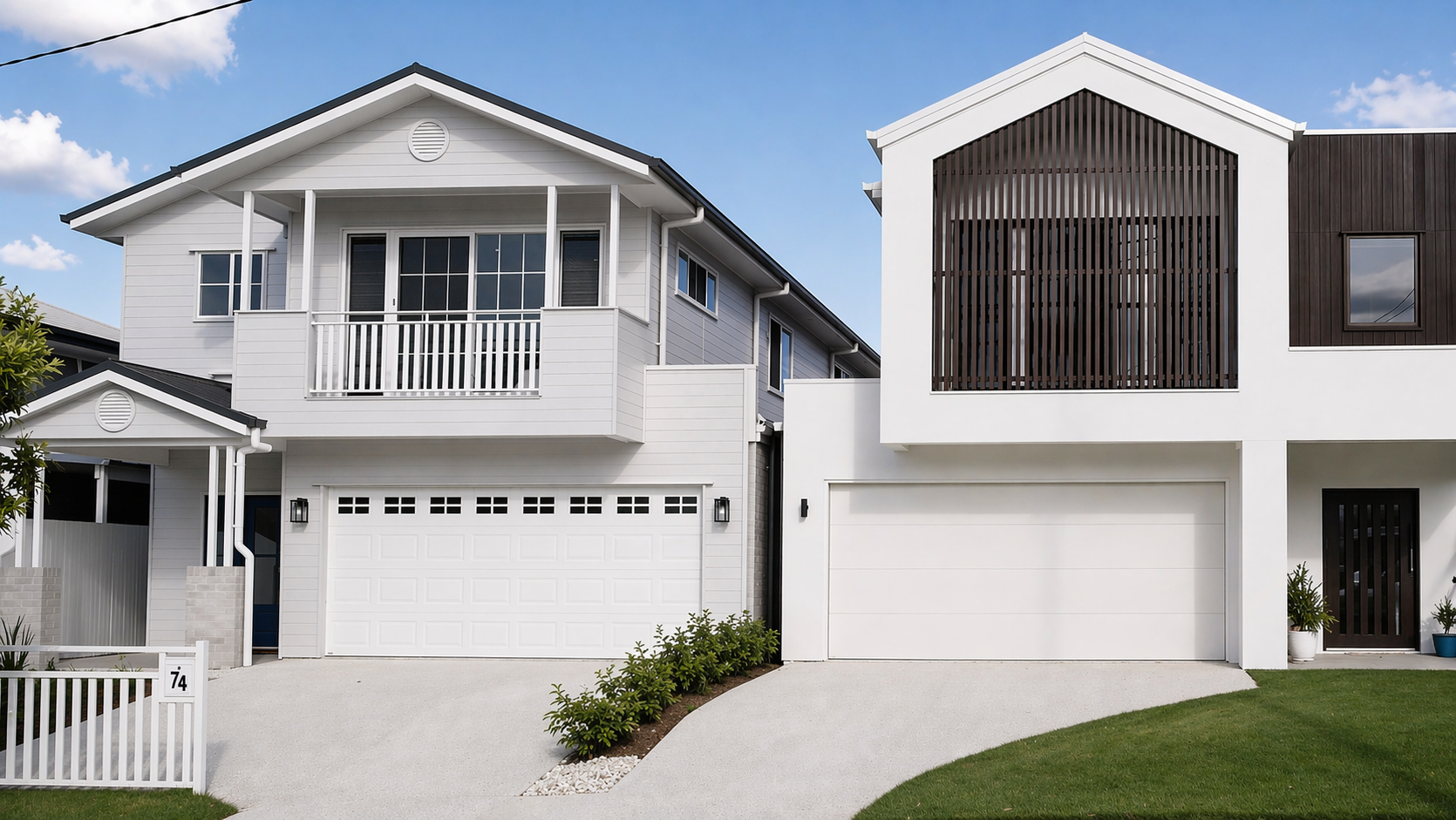 Two modern houses with white exteriors, grey roofs, and two-car garages, set against a blue sky with scattered clouds.