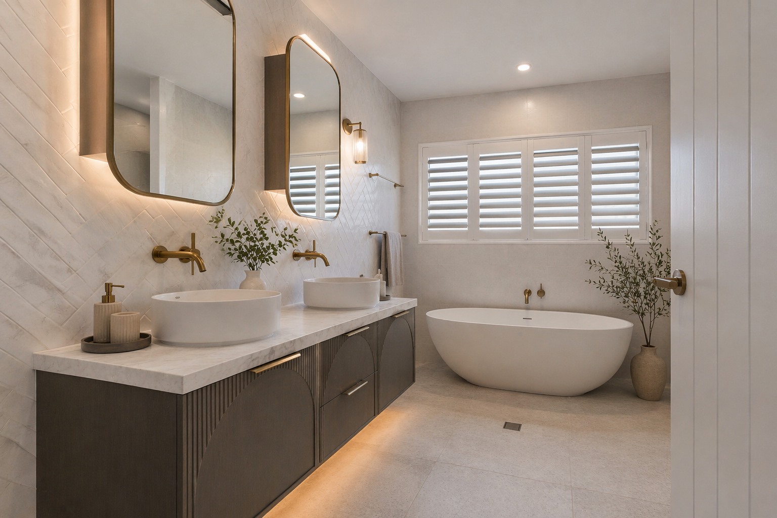 Modern bathroom with double vanity, white vessel sinks, gold fixtures, wall mirrors, bathtub, window with shutters, and decorative plants.