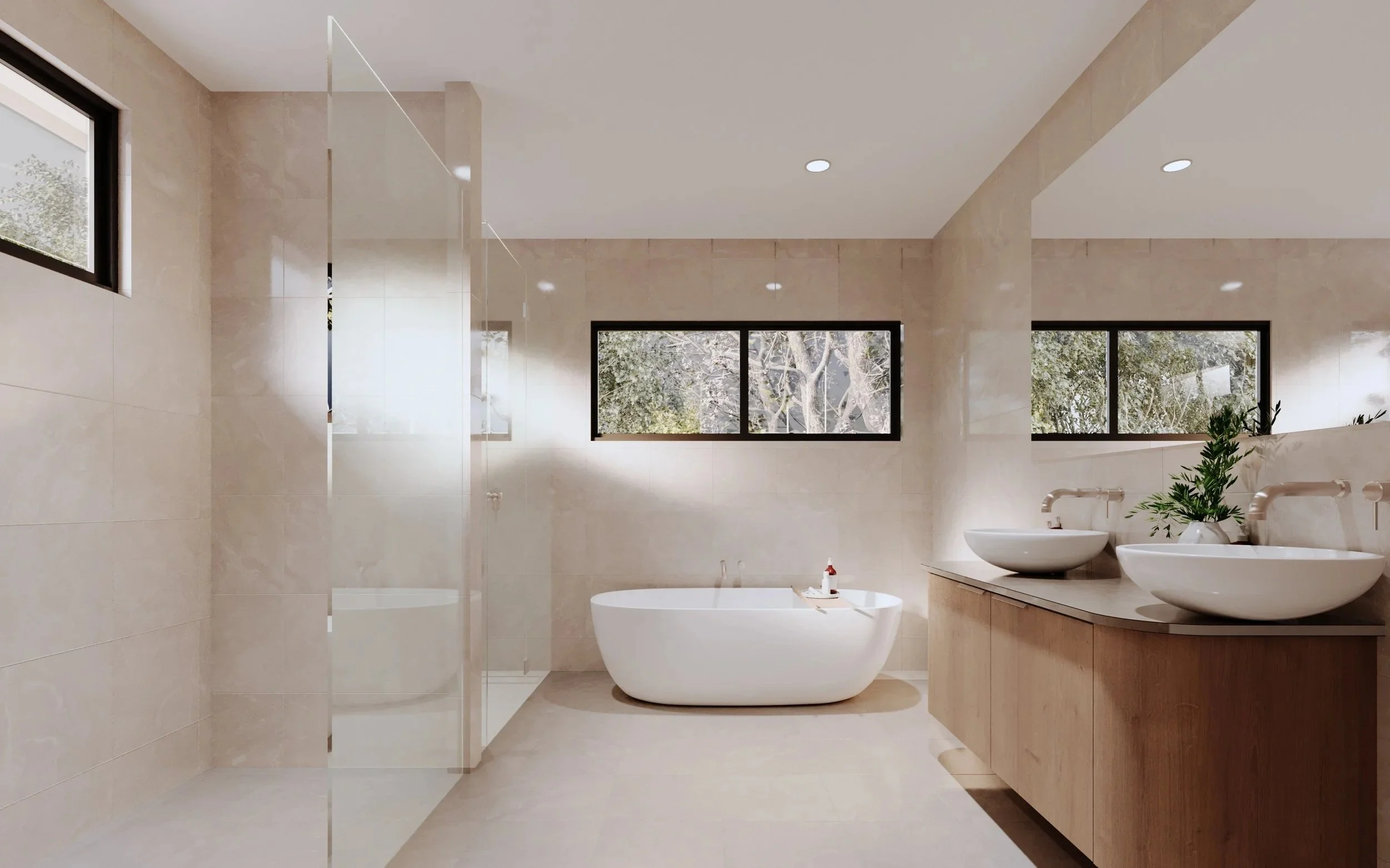 Modern bathroom with beige tiles, two white vessel sinks on a wooden vanity, a freestanding bathtub, large windows, and a potted plant.