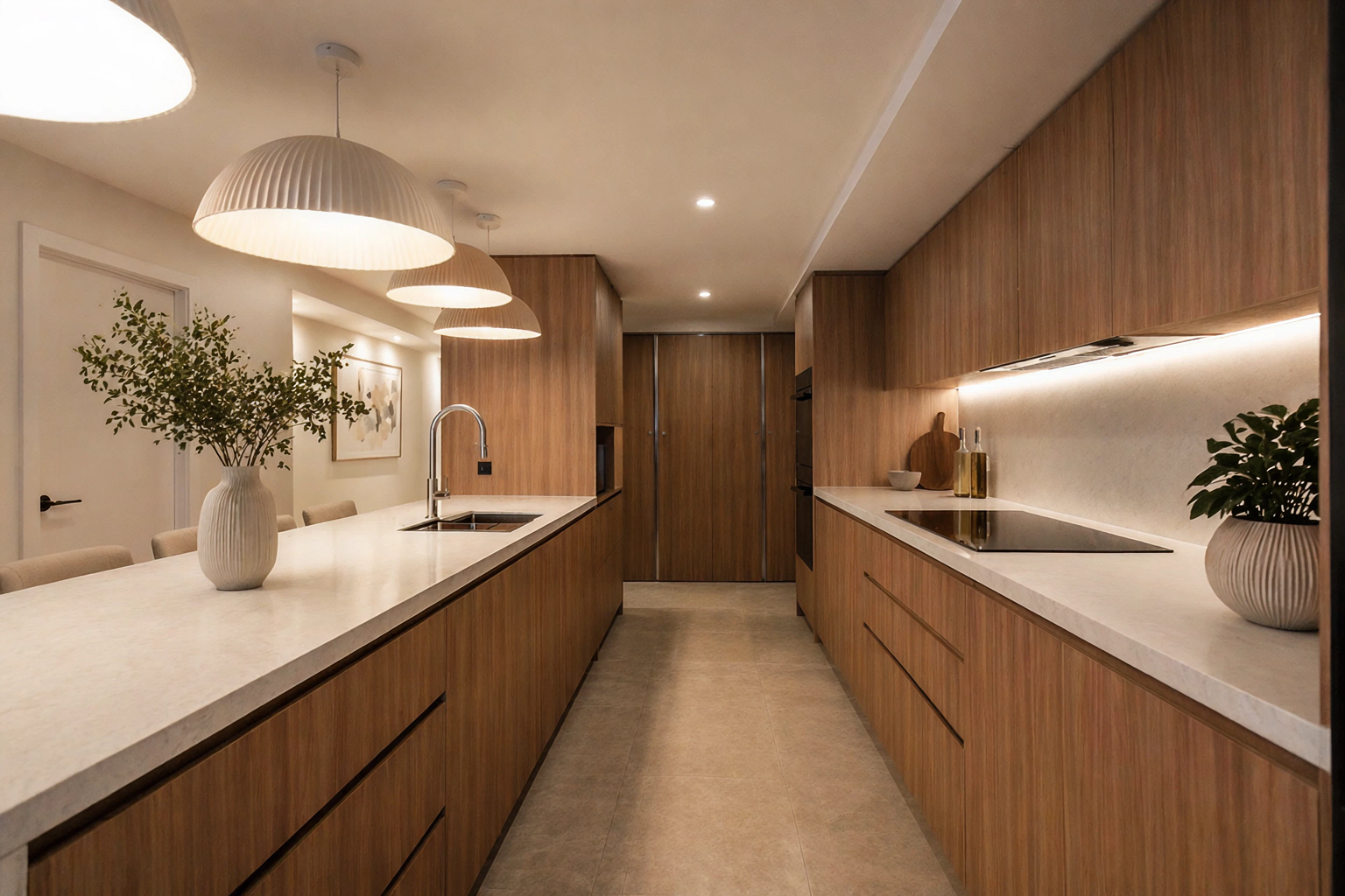 Modern kitchen with wooden cabinets, white countertops, potted plants, hanging pendant lights, and built-in appliances.