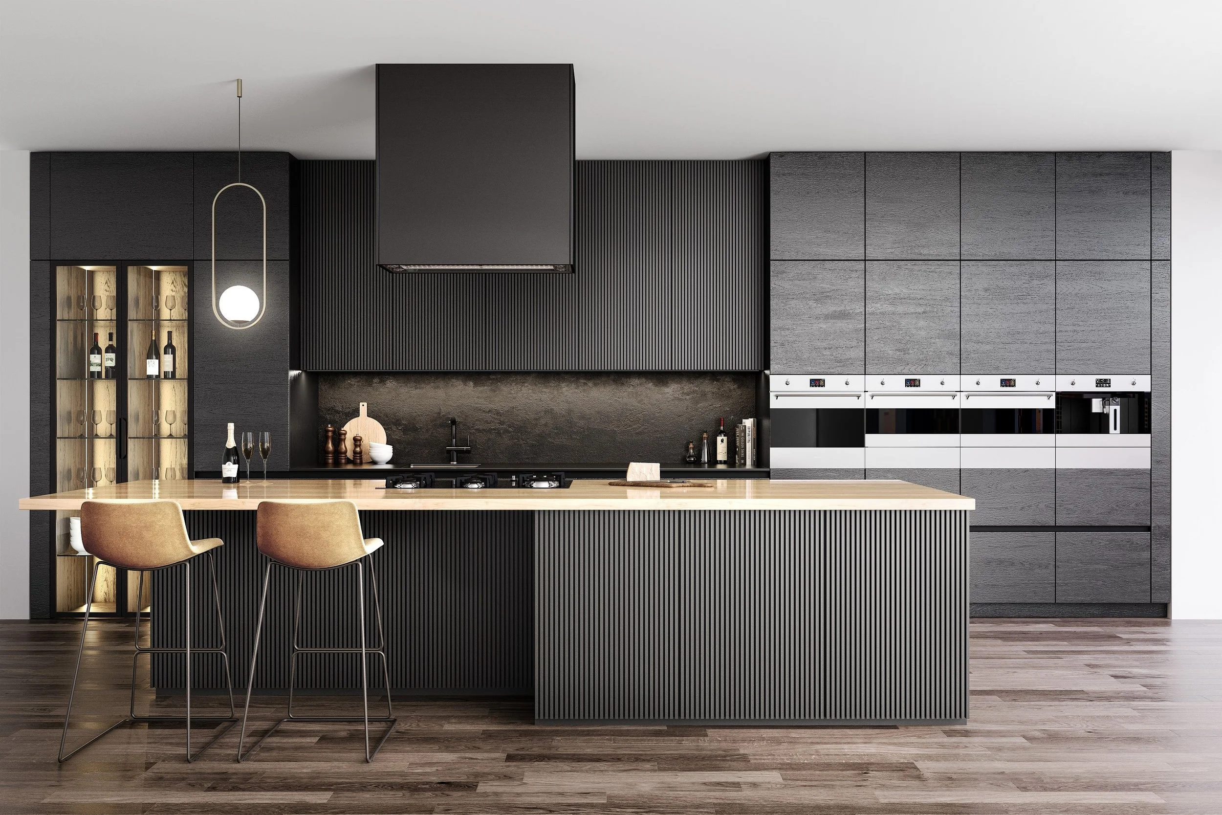 Modern kitchen featuring black cabinetry, a wooden island with seating, built-in appliances, and a black range hood, with a light wood floor.