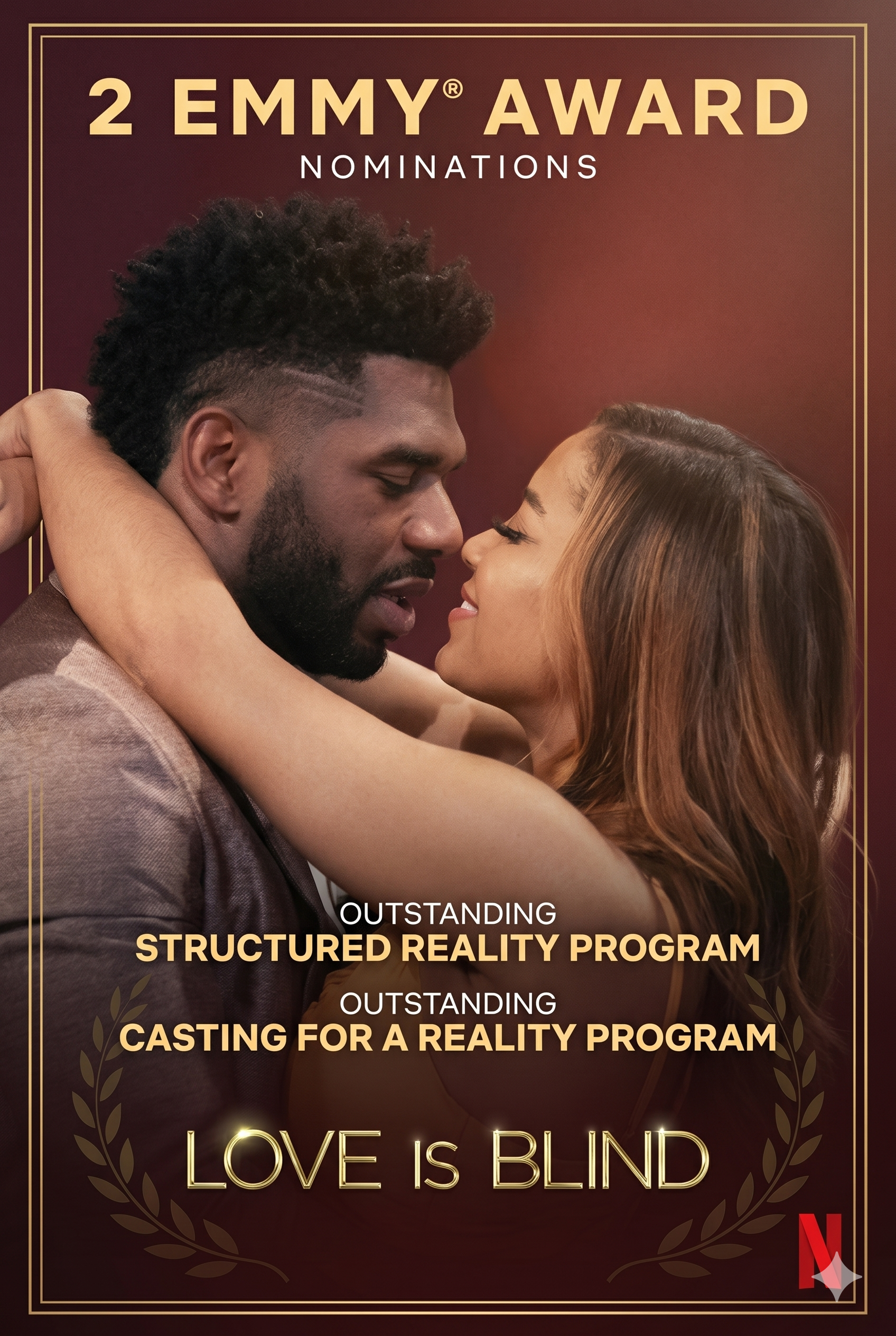 A promotional poster for a romantic drama titled 'Love is Blind.' It features a close-up image of a man and woman embracing, with their faces close together and eyes closed. The background is dark red with gold accents. The poster highlights two Emmy Award nominations, and mentions casting for a reality program and a structured reality program. The Netflix logo is in the bottom right corner.