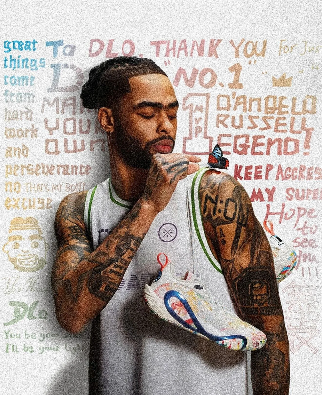 A young man with tattoos on his arms and face, holding a colorful sneaker with a butterfly perched on his finger. The background features handwritten notes and doodles on a white wall.