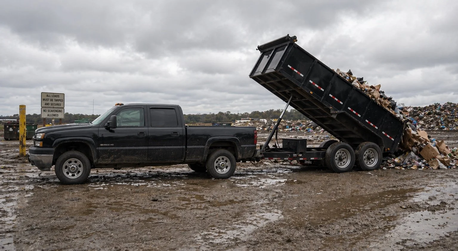 Junk removal truck unloading debris at landfill in Essex County Ontario
