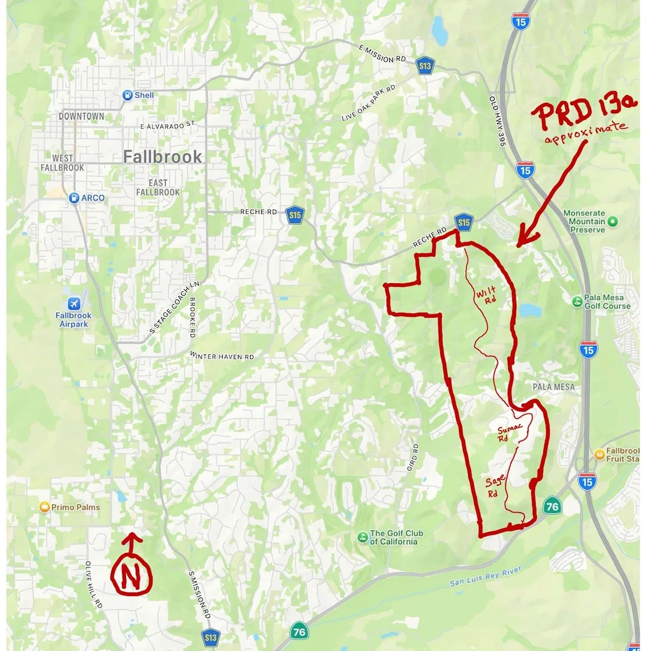 Regional map of PRD 13A in eastern Fallbrook, showing its location within northern California near major roads and surrounding communities.