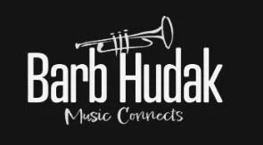 Logo featuring a trumpet and the text 'Barb Hudak Music Connects' on a black background.