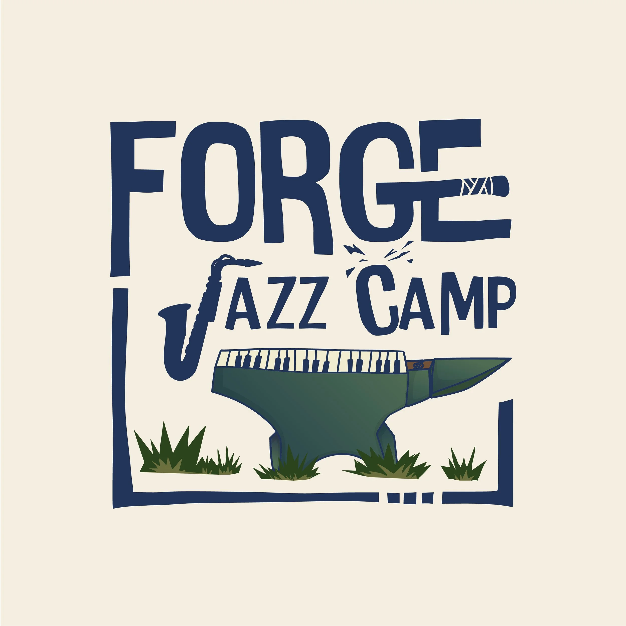 Poster with the text 'FORGE' and an illustration of a boat, grass, and a flashlight.