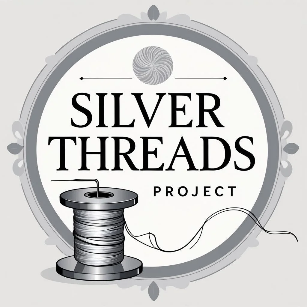 Logo for Silver Threads Project featuring a spool of silver thread and a circular design