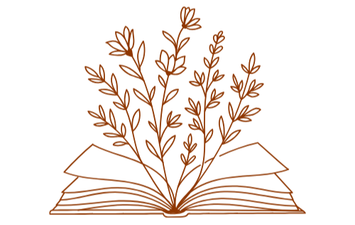Open book with plants growing out of it, illustrated in a minimalistic line drawing style.