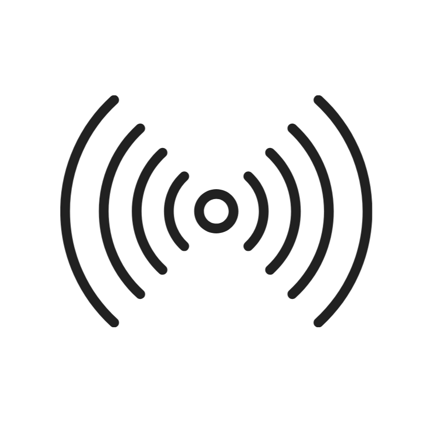 An outline symbol of sound waves spreading from a central point.
