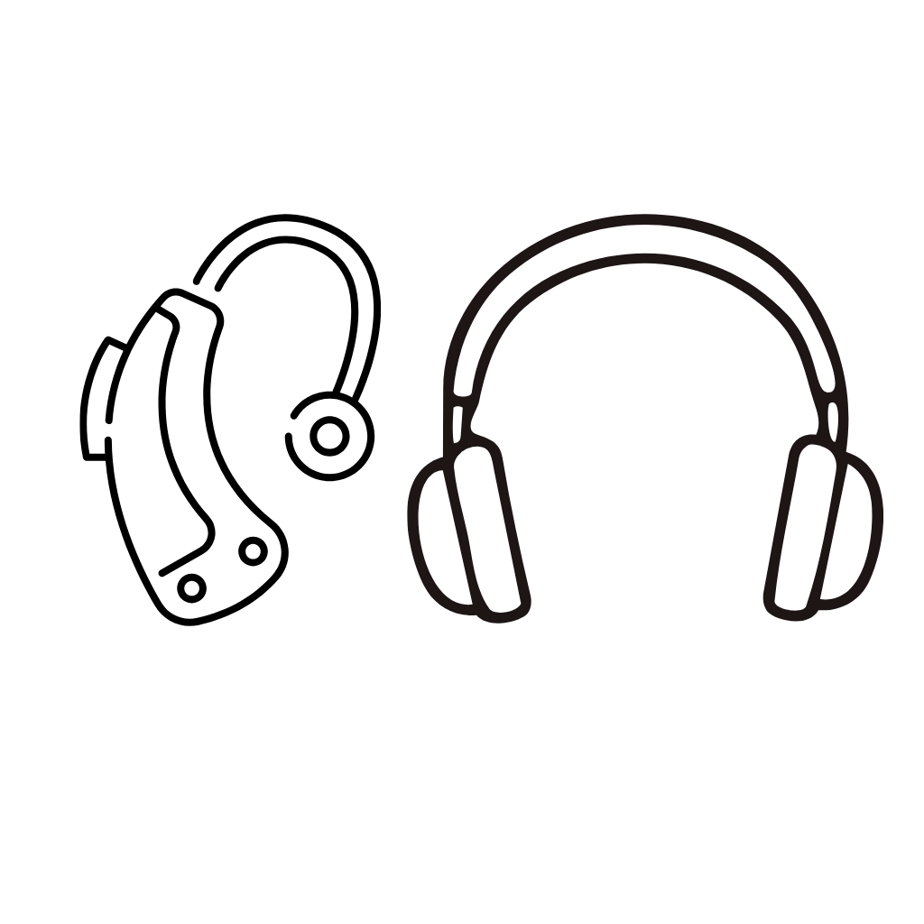 Outline symbols of both a hearing aid and headphones.