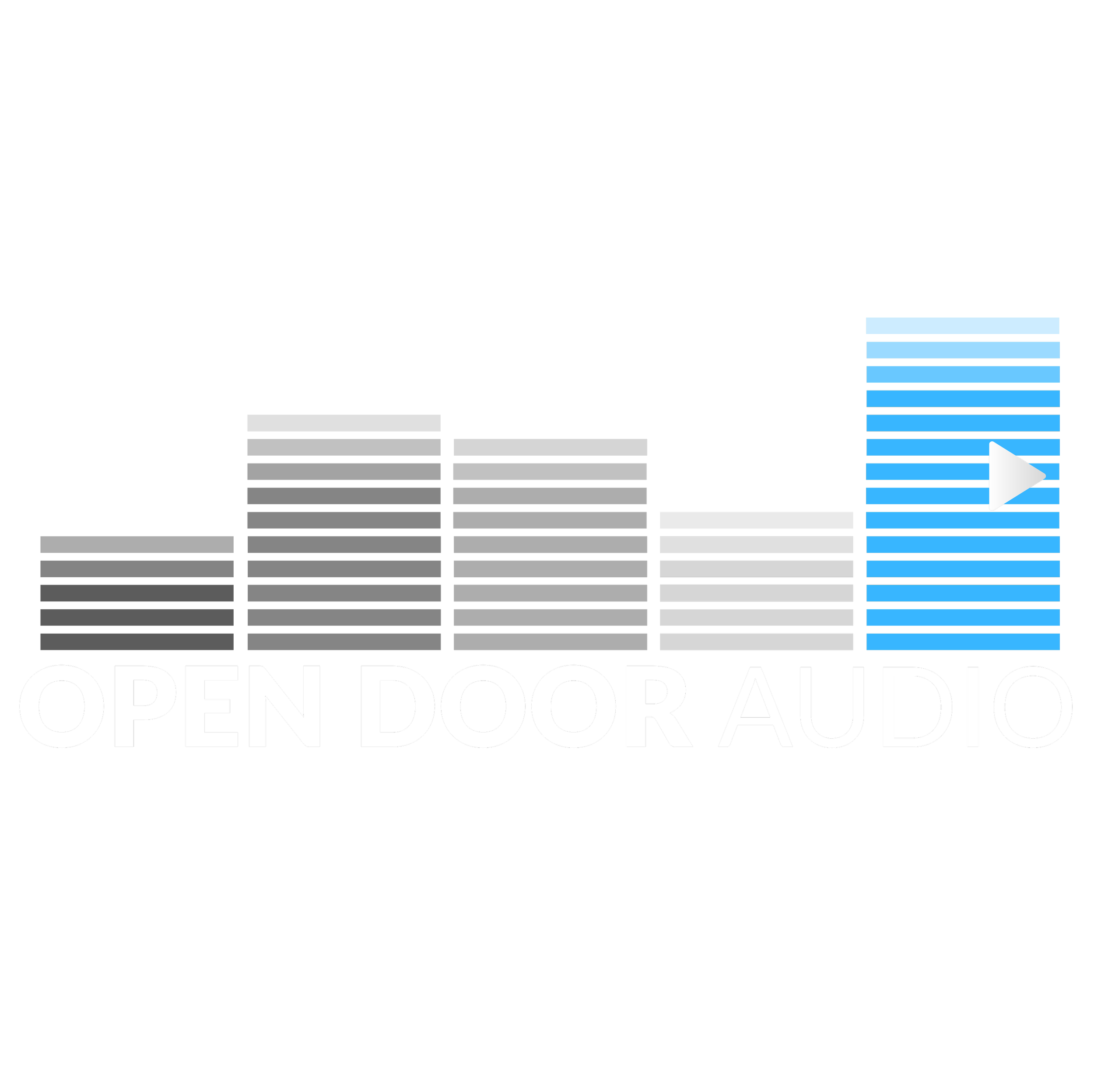 A sign with the words 'OPEN DOOR AUDIO' and a blue and gray bar graph underneath, with a play button icon on the right side.