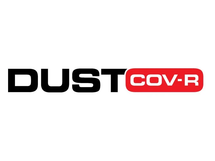 Logo with the word "DUST" in black and "COV-R" in white text inside a red rounded rectangle.