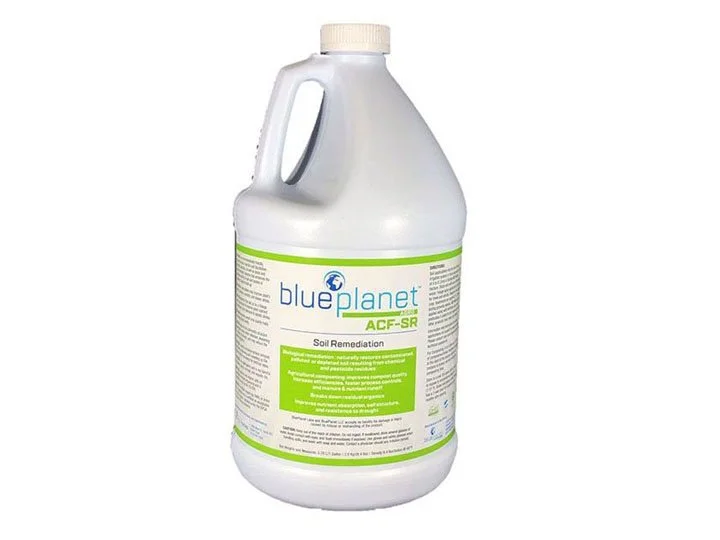 Large white bottle of Blue Planet ADF-SR soil remediation solution