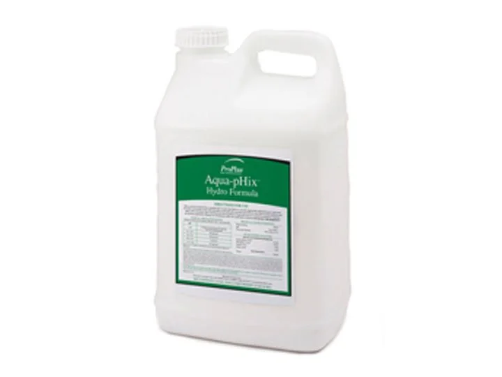 A large white plastic jug with a green label reading 'Aqua-phix Hydro Formula'.