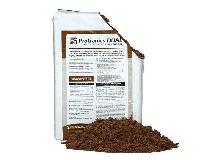 Bag of ProGanics DUAL biotic soil and erosion control product with some soil spilled in front.