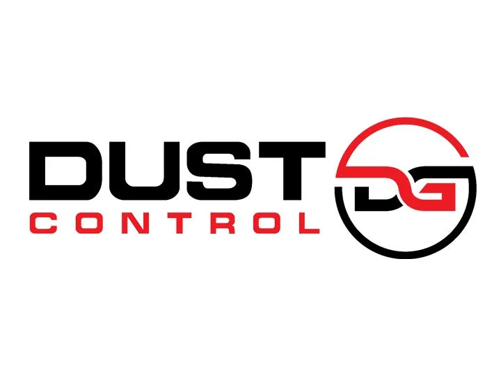 Dust Control logo with stylized circle design in black, red, and white colors.