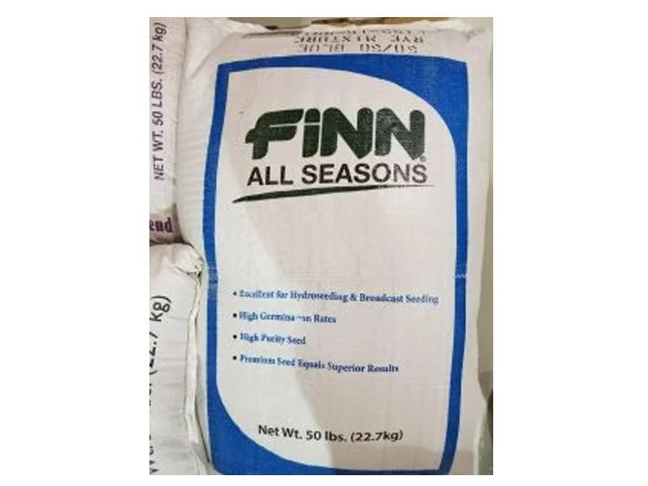 Bag of FINN All Seasons seed mix for hydroseeding and broadcasting, weighing 50 pounds.