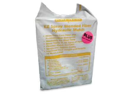 White bag of EZ Spray Blended Fiber Hydraulic Mulch with yellow and pink text.