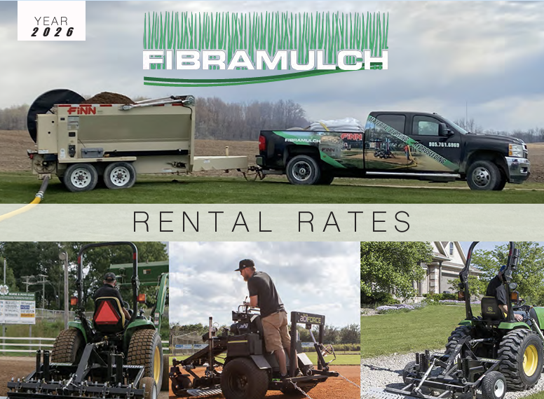 A collage of machines and equipment used in turf maintenance and agriculture. The top image shows a truck pulling a large equipment trailer with 'FIBRAMUCH' branding and a trailer in the background, with the text 'RENTAL RATES' and the year 2026. The three smaller images below feature a person operating a green tractor, another person riding a machine on a field, and a person with a machine on a lawn.