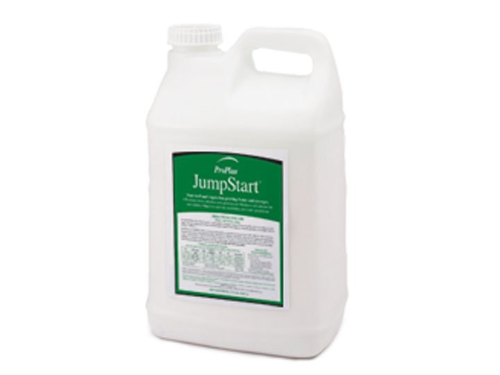 A white plastic container of Pro-Pell JumpStart fertilizer with a green label.