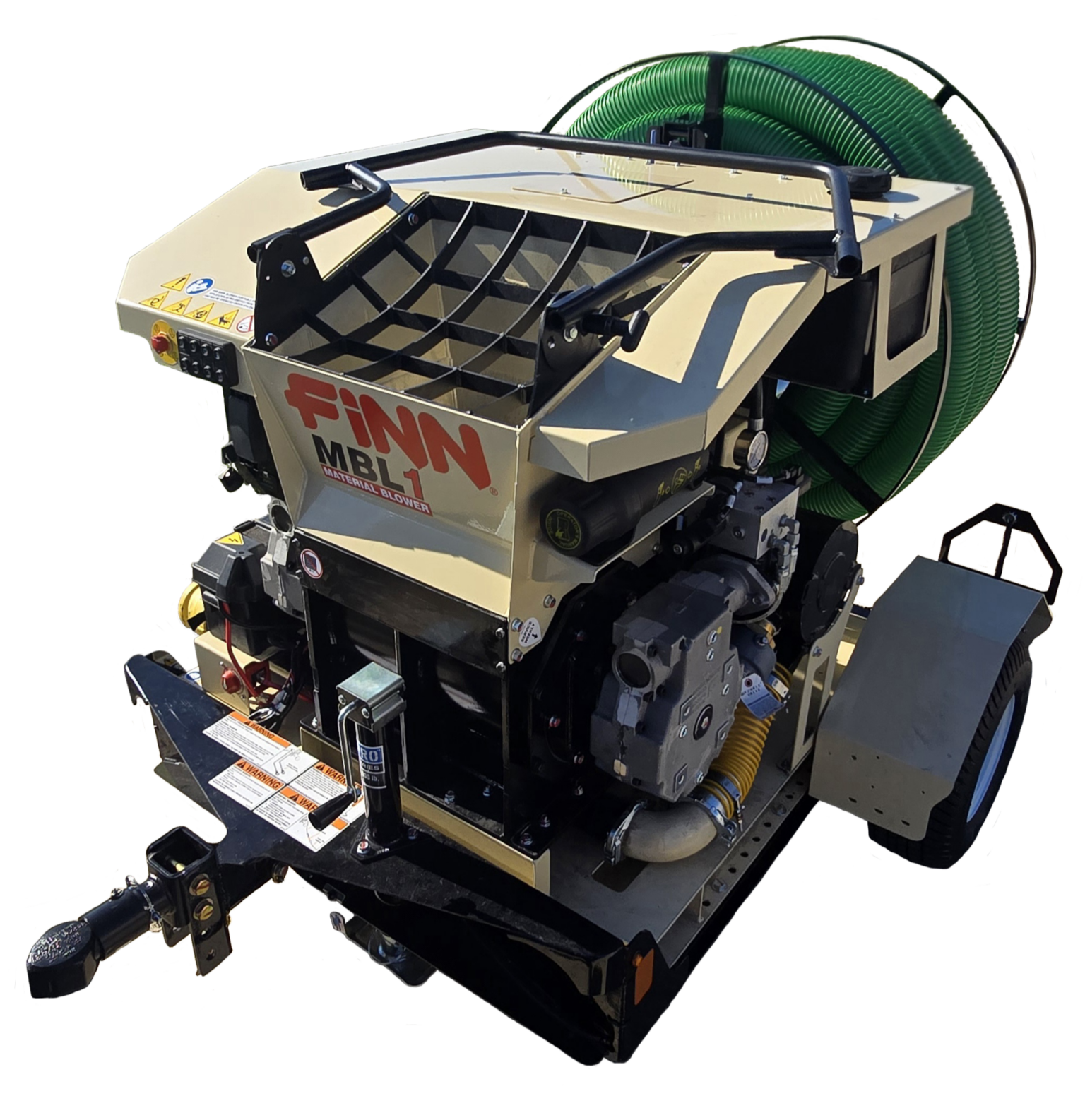 A close-up view of a material blower machine with a yellow and black body, labeled FIMN MBL, connected to a large green flexible hose, mounted on a metal frame, with various mechanical and electrical components visible.