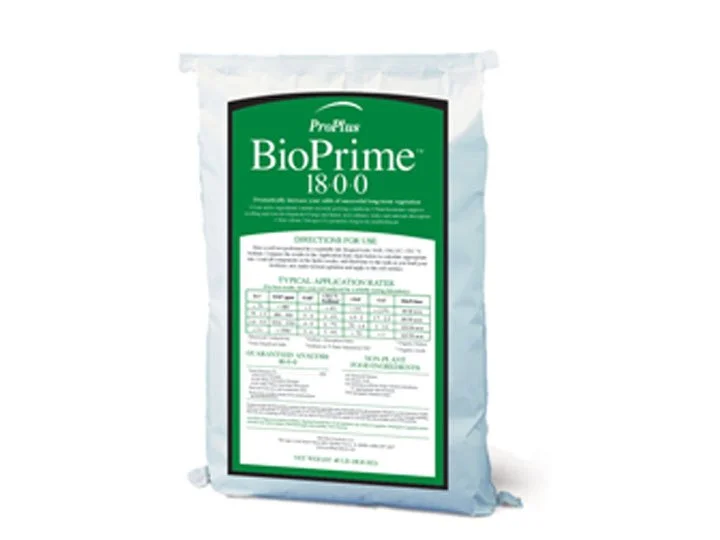 A bag of Protilux BioPrime 1800 fertilizer with a green and white label.