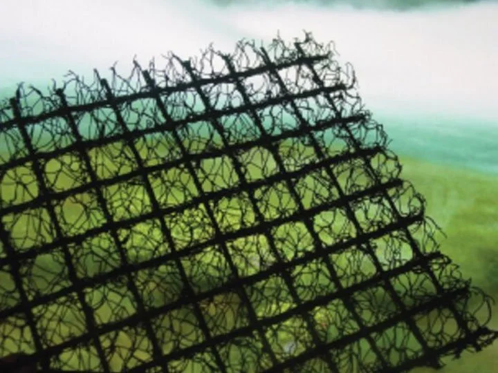 Close-up of a black wire mesh fence with a grassy field and sky in the background.