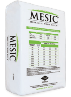Bag of MESIC hydraulic wood mulch with a green and white label listing product details and specifications.