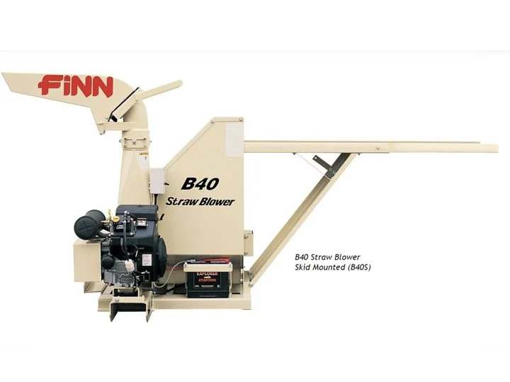 Image of a B40 Straw Blower with a long extended chute and a motor, labeled with the brand name FiNN.