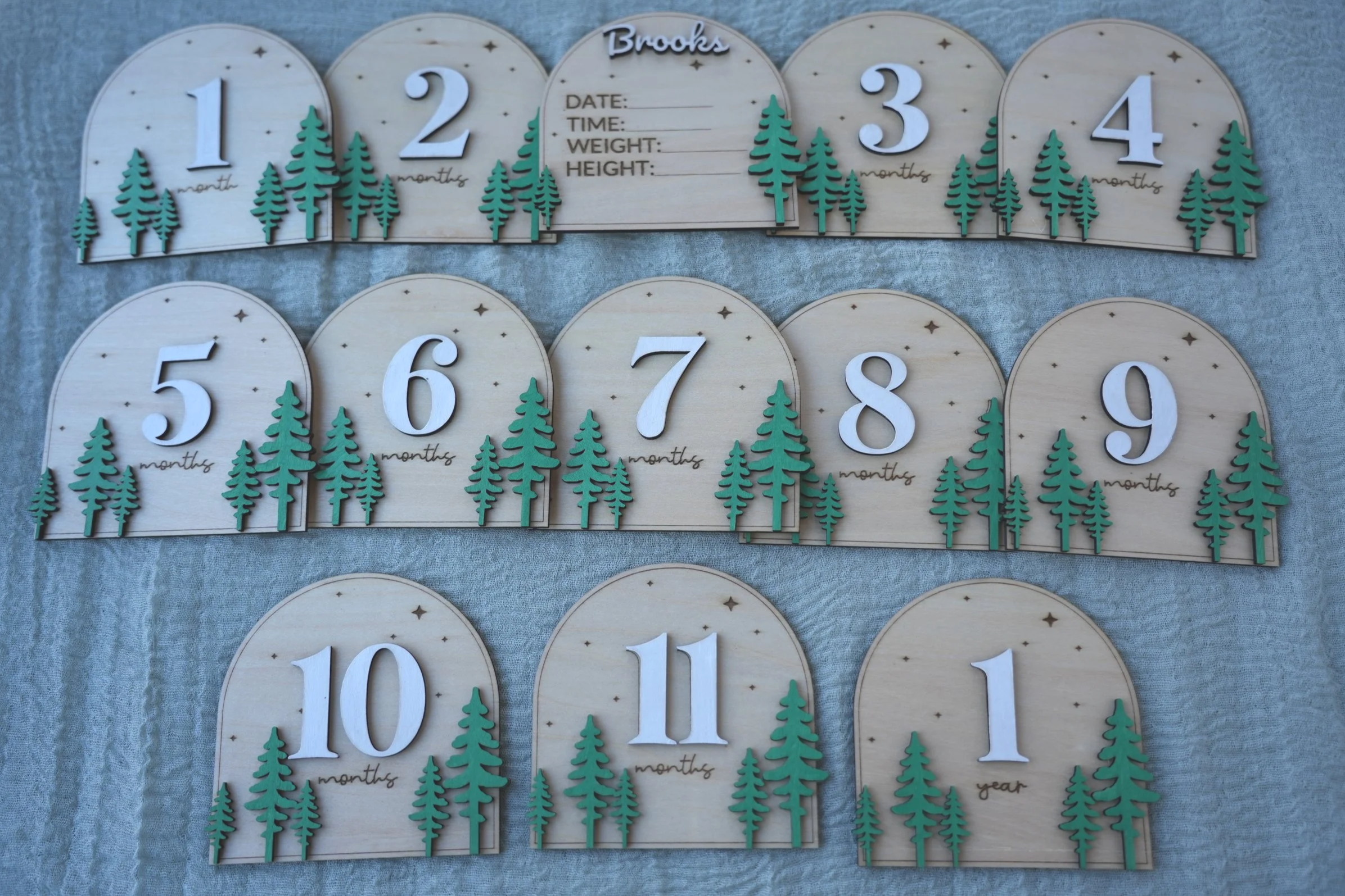 Wooden age milestone plaques decorated with green trees and white numbers, ranging from 1 month to 1 year, used for baby milestone photography.