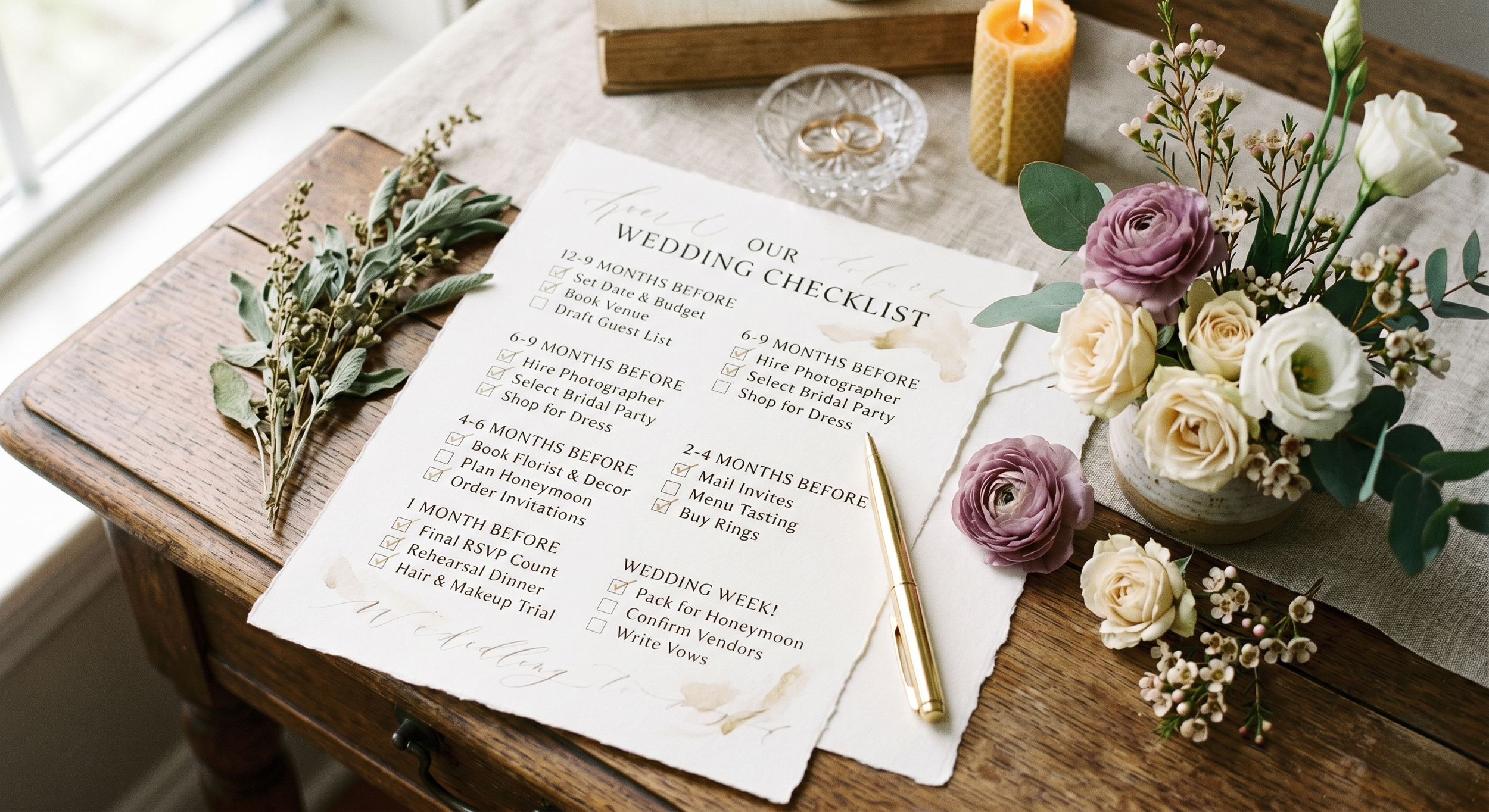Wedding checklist on a piece of paper with flowers, a candle, a glass dish with wedding rings, and a gold pen on a wooden table near a window.
