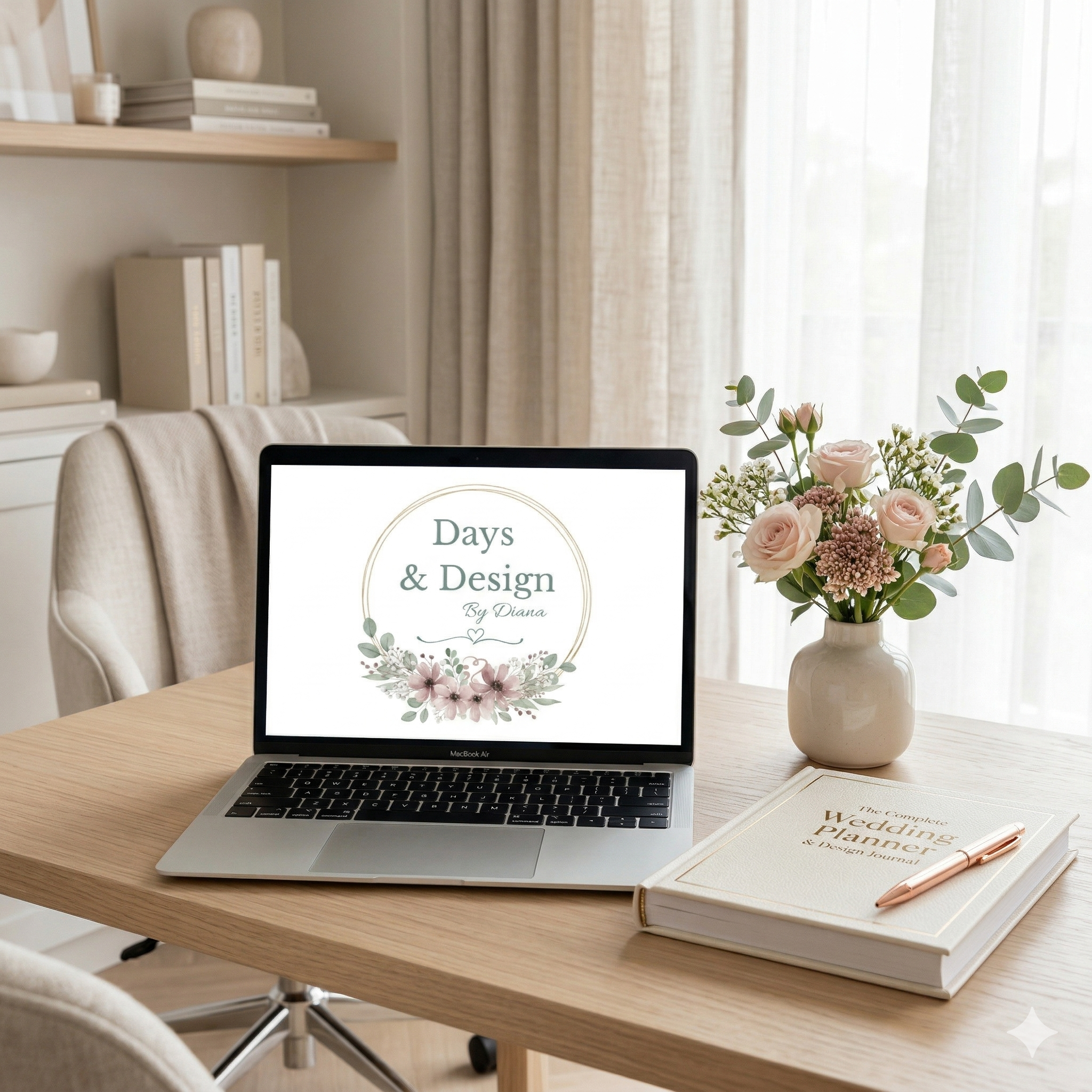 A cozy workspace with a laptop, a bouquet of flowers, a wedding & design journal, and a pen on a wooden desk, with a background featuring white shelves filled with books and decorative items, beige curtains, and natural lighting.