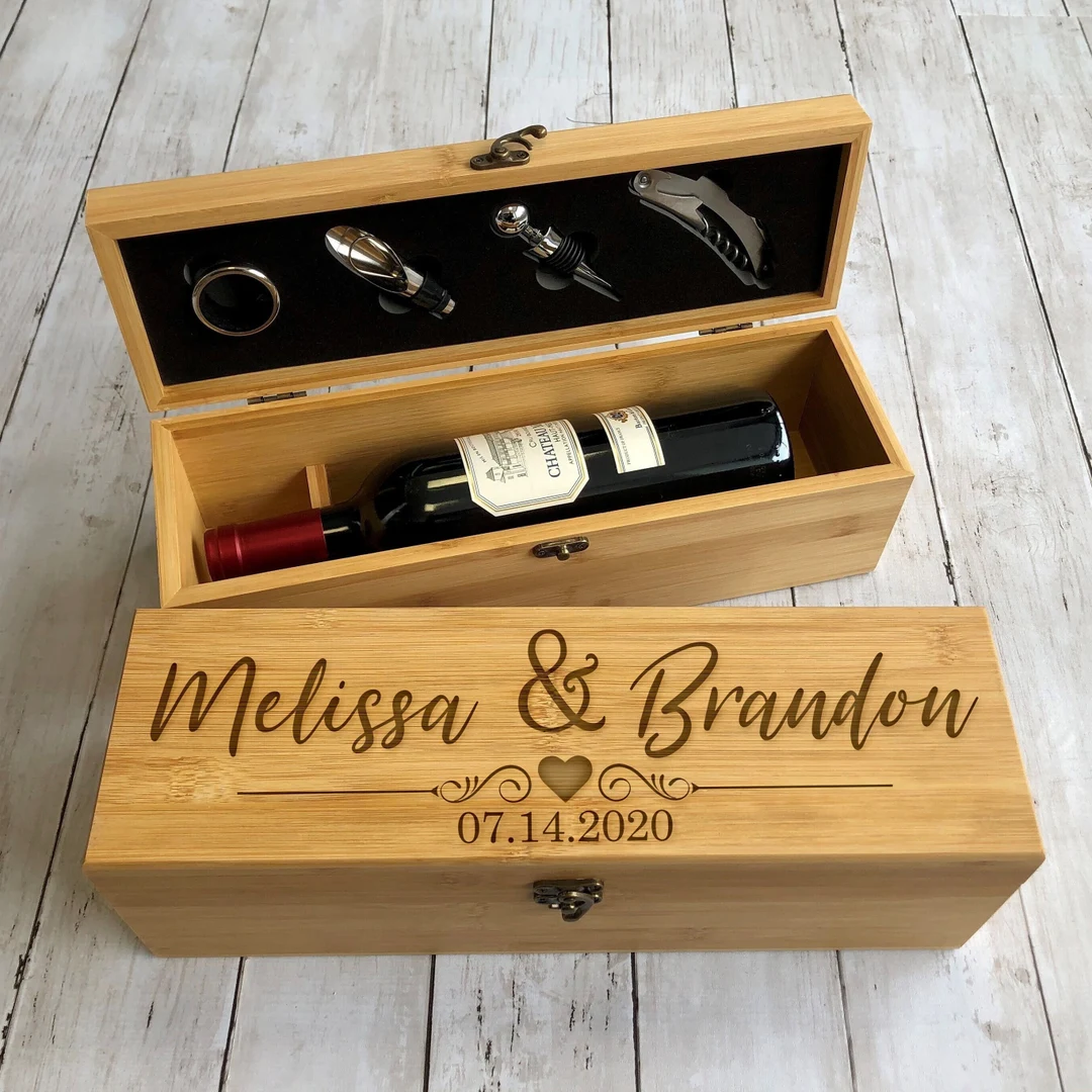Personalized wooden wine box for a wedding or anniversary keepsake.