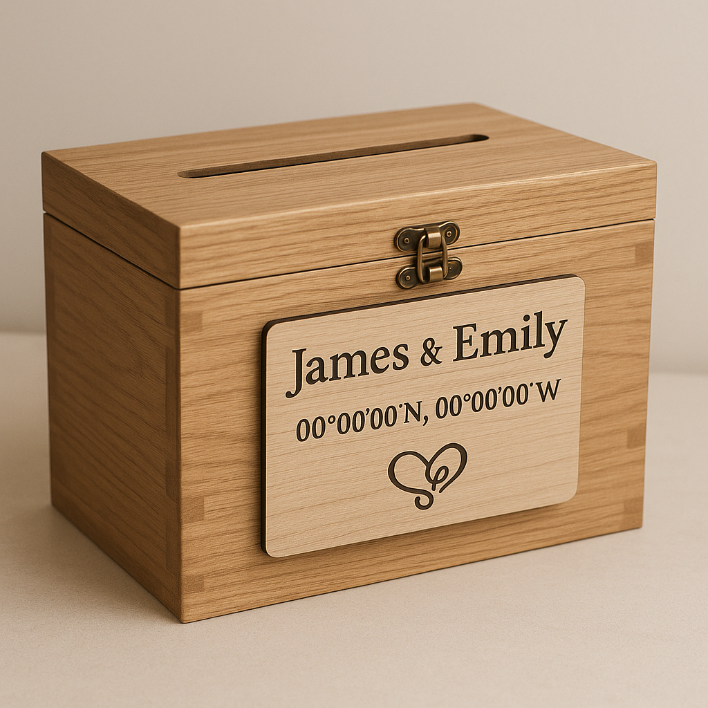 Wooden donation box with a personalized sign reading 'James & Emily,' a pair of possibly corresponding coordinates, and a heart-shaped lock symbol.