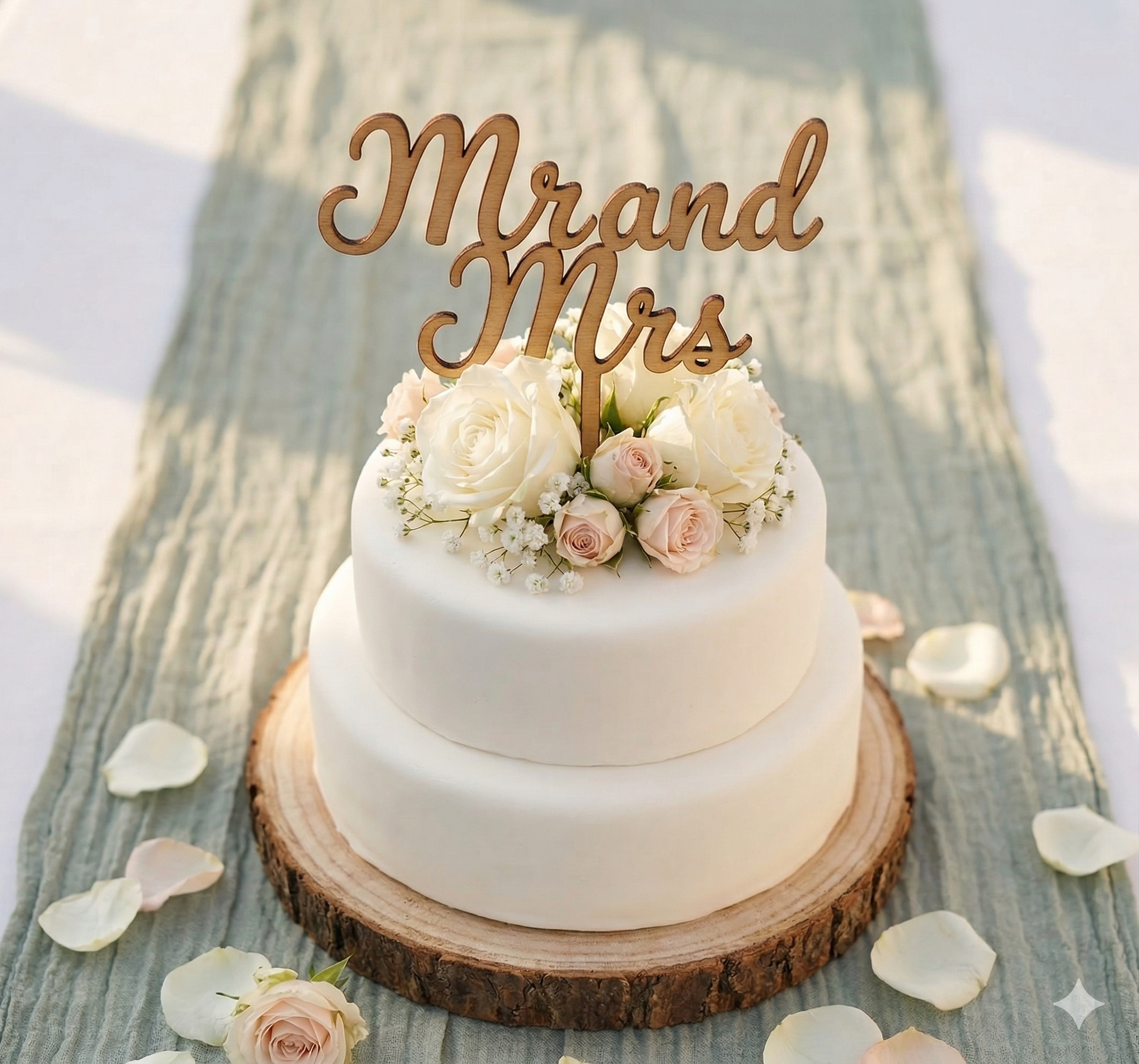 Wooden wedding cake topper on a floral wedding cake.