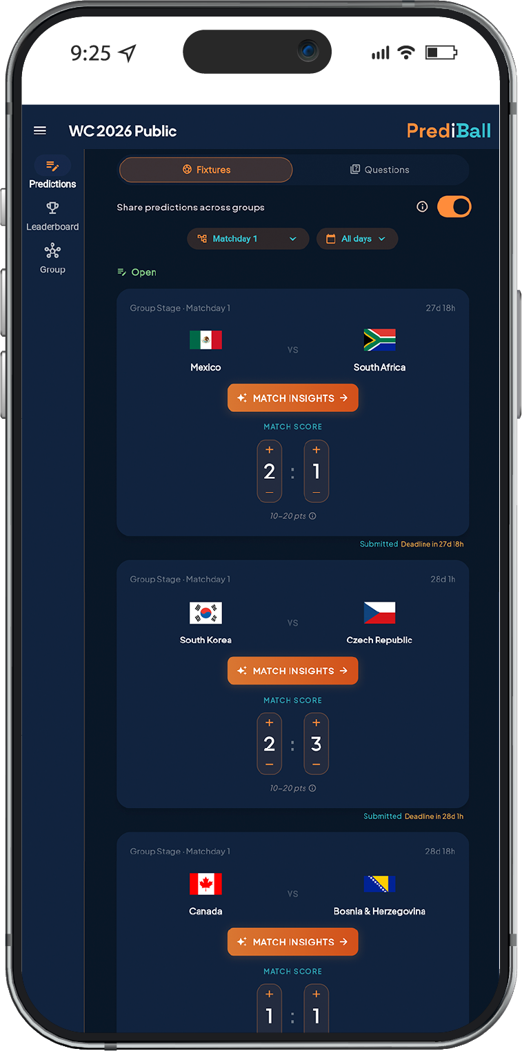 PrediBall mobile app interface displaying a 2026 World Cup football prediction bracket on a dark navy background.