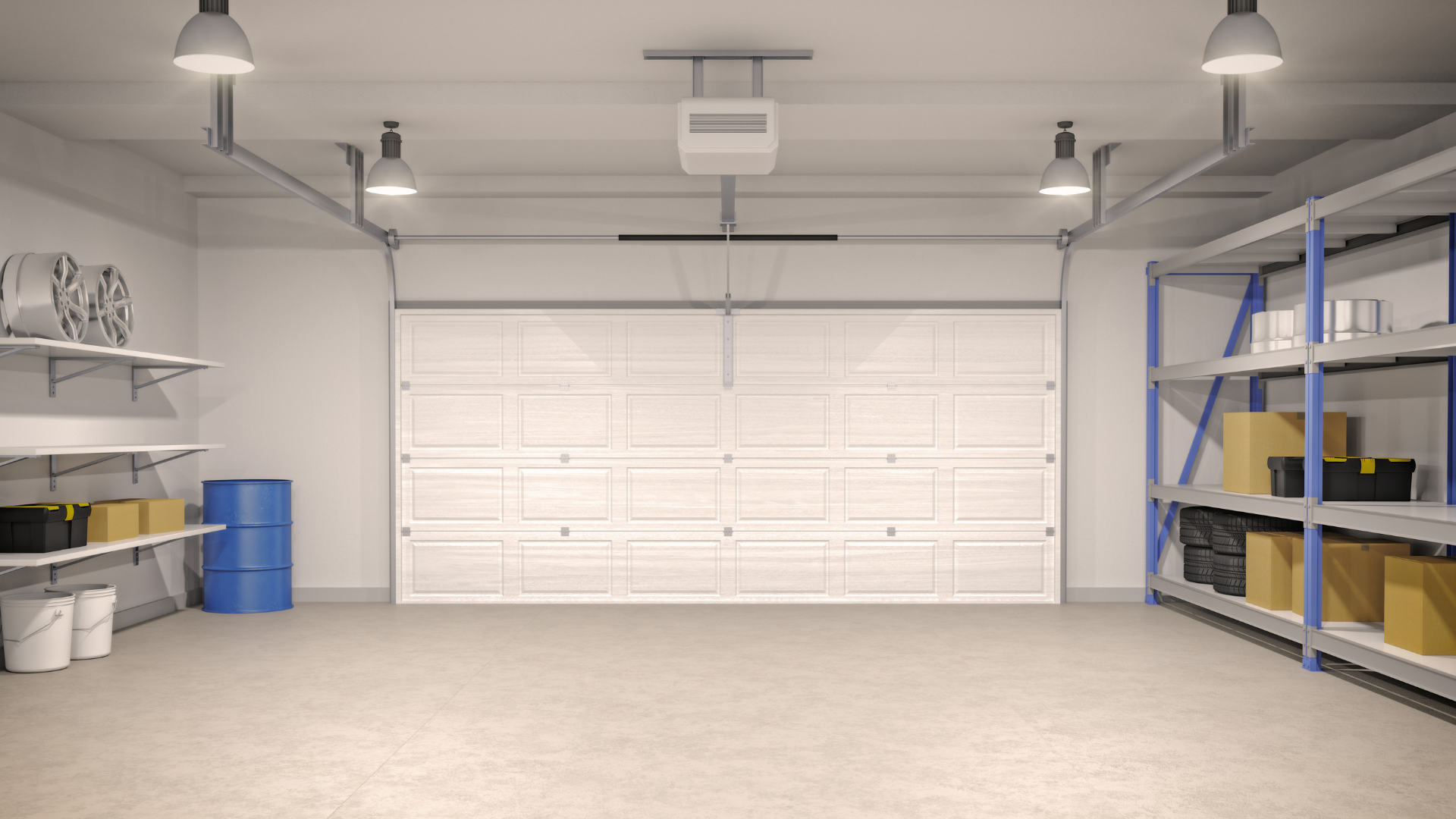 A clean, organized garage with white walls, ceiling-mounted lights, and a white garage door. Shelving on the left holds tires and storage boxes, with a blue barrel and white buckets below. On the right, metal shelving contains tires, cardboard boxes, and plastic storage bins.