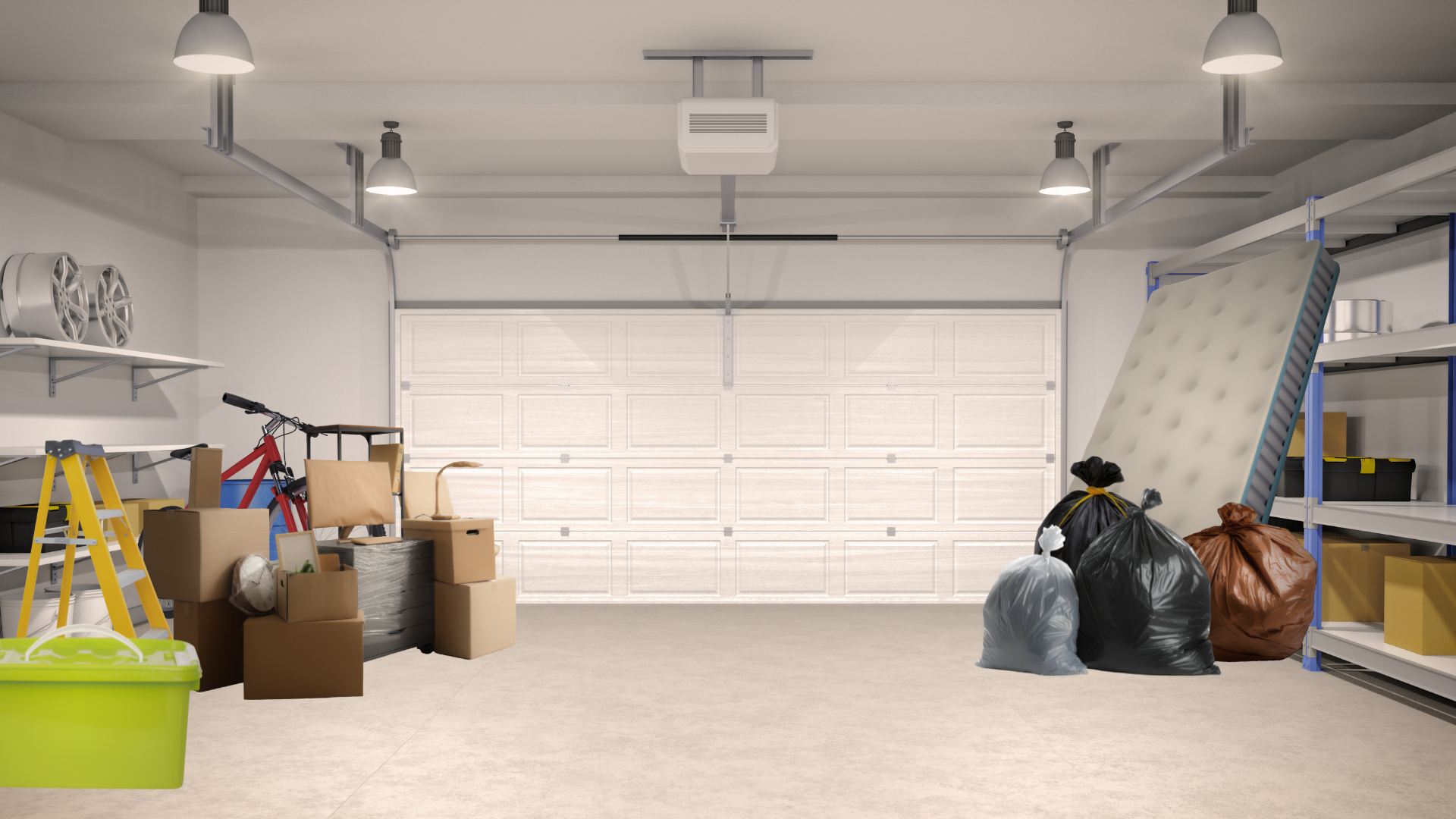 Garage with various stored items including cardboard boxes, a bicycle, garbage bags, shelves with storage bins, and a mattress leaning against the wall.