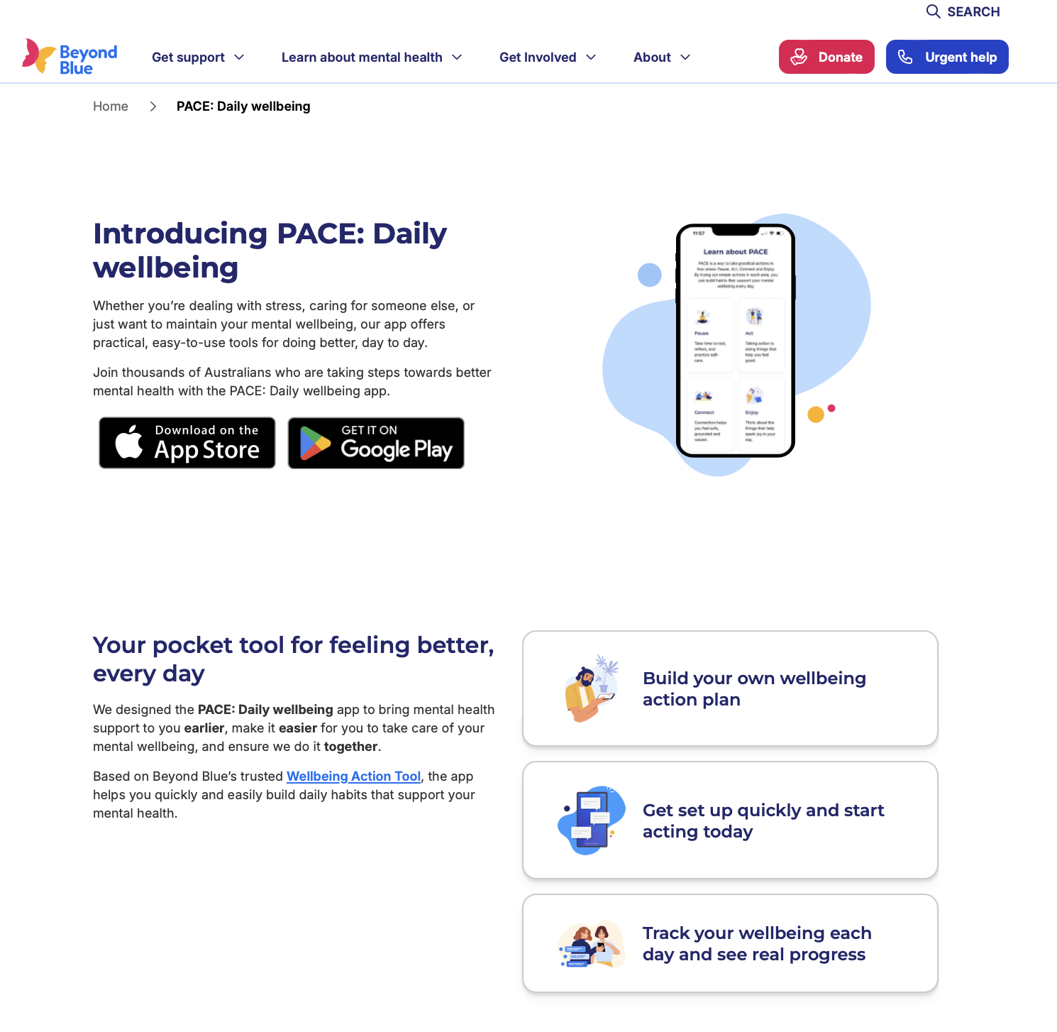 Screenshot of the Beyond Blue PACE app website