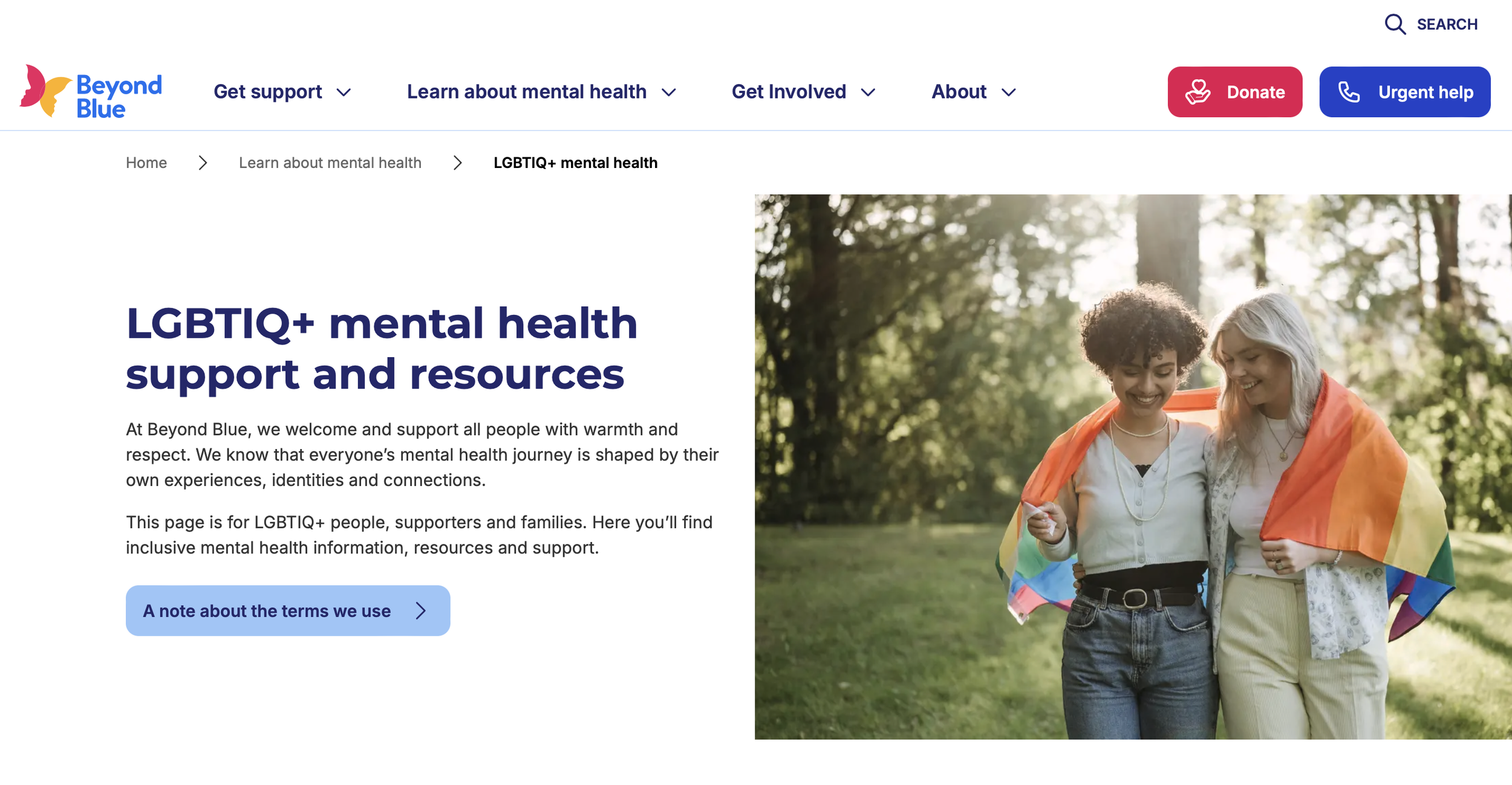 Screenshot of Beyond Blue LGBTIQ+ webpage