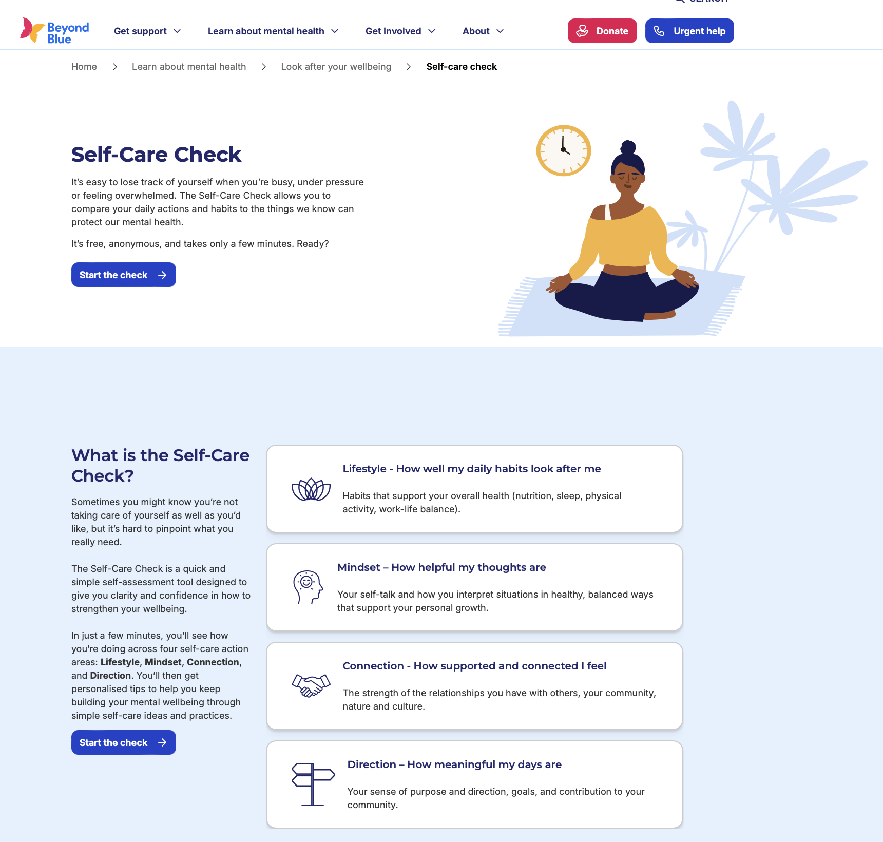 Screenshot of the Beyond Blue Self Care Check webpage