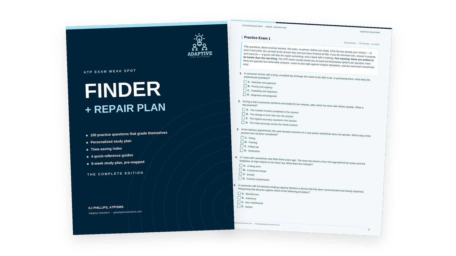 ATP Exam Weak Spot Finder and Repair Plan cover next to a sample practice exam page