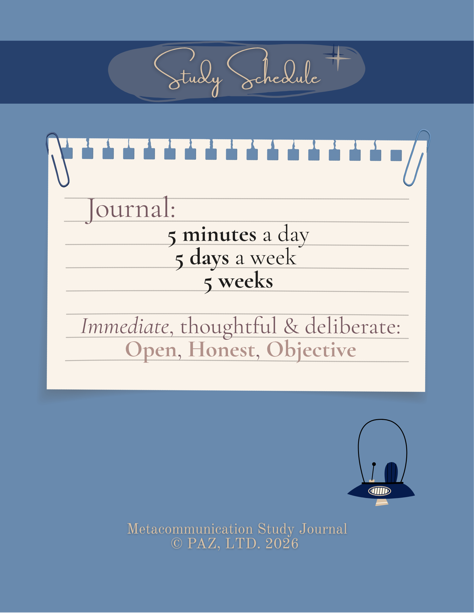 Cover of a study journal titled 'Metacommunication Study Journal' featuring a blue background, a paper with the word 'Journal:' and text about study habits, and a small illustration of a satellite dish in the bottom right corner.