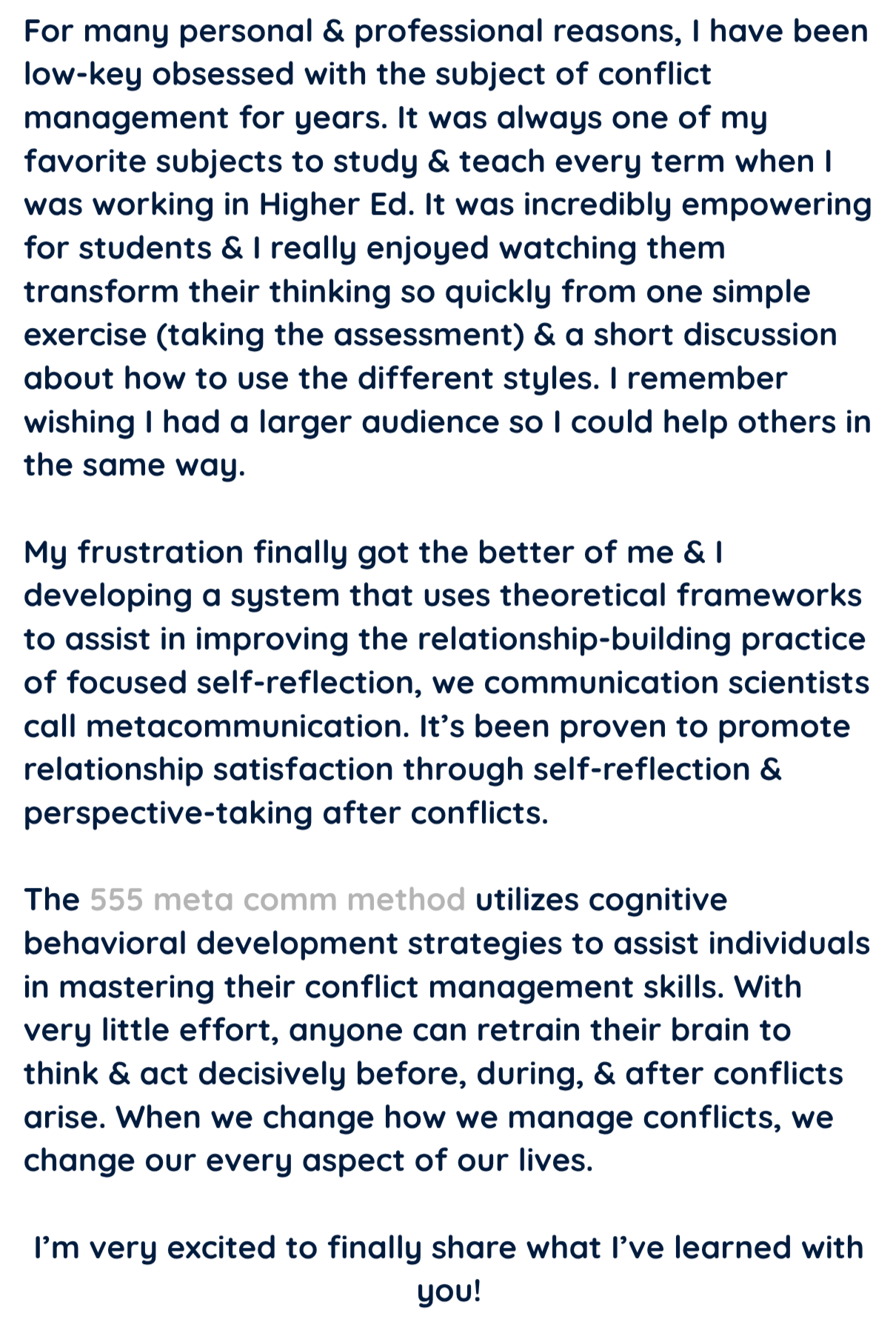 Text in a document discussing conflict management, meta communication methods, and cognitive behavioral strategies, expressing personal enthusiasm and insights.