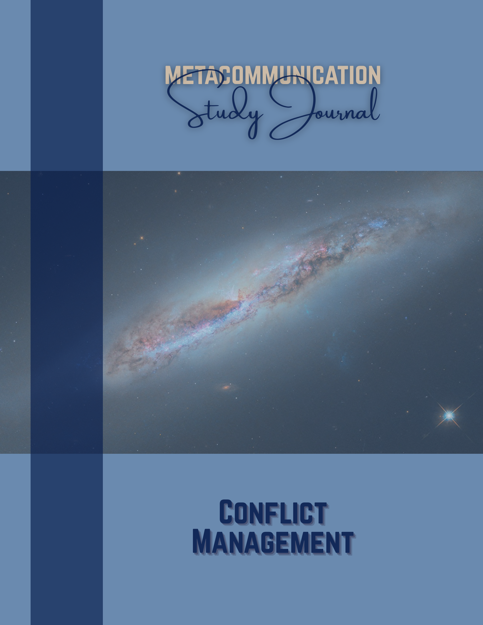 Cover of a study journal titled 'Conflict Management Meta-Communication Study Journal' with a background image of a galaxy, stars, and space.