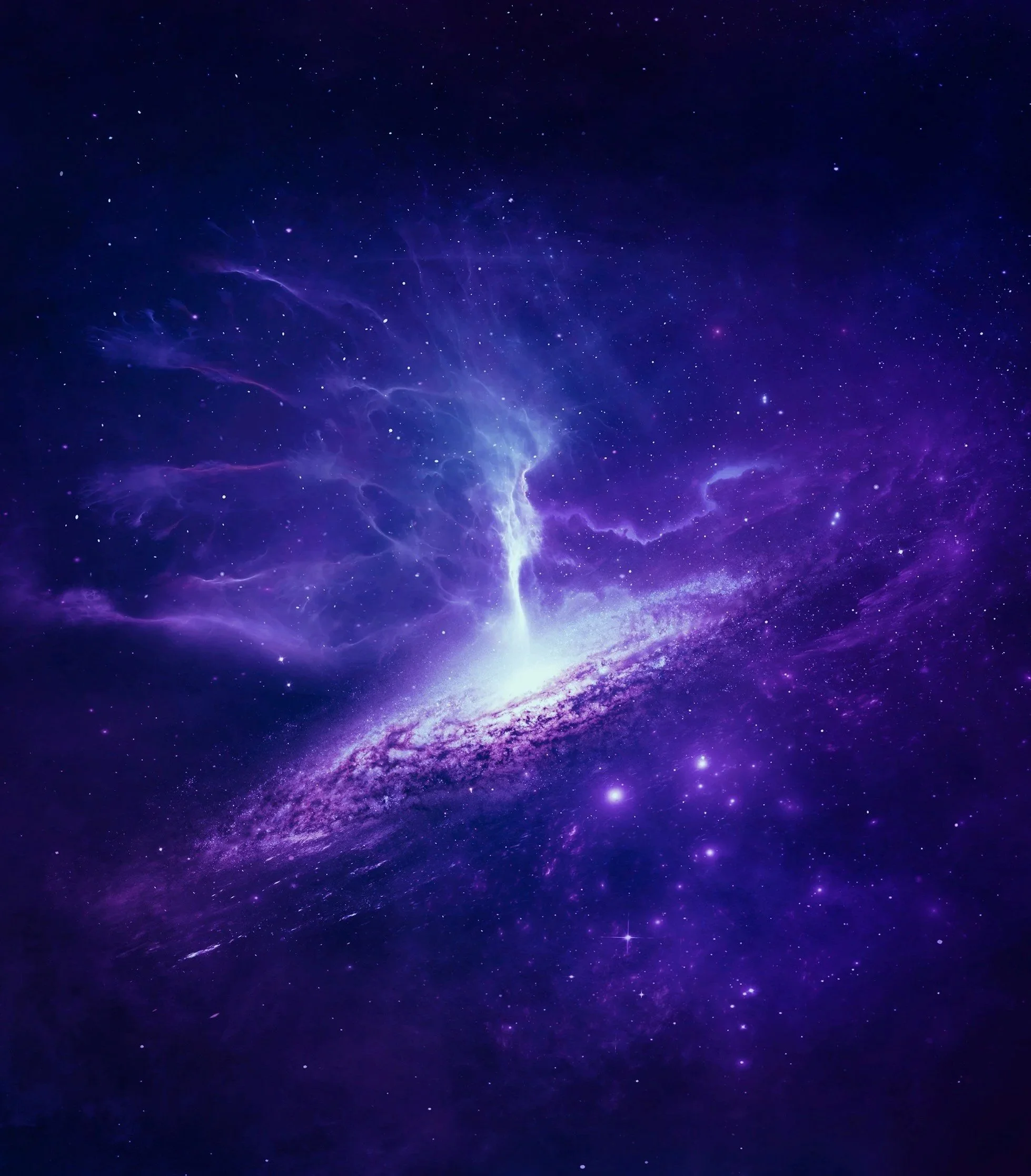 A stunning view of outer space with a deep purple and blue nebula, numerous stars scattered throughout, and bright cosmic clouds illuminating the darkness.